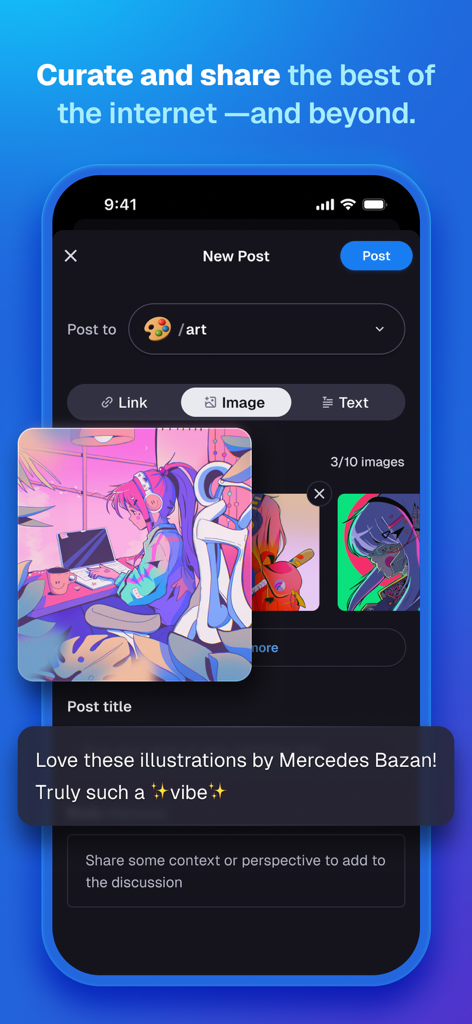 Digg app interface for sharing a new post with illustrations in a niche art community