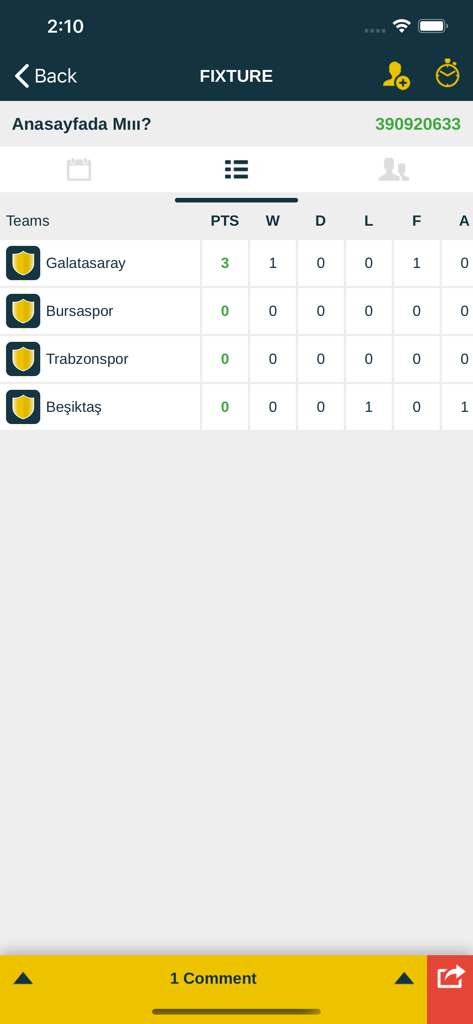 Fixture Maker - Fixture Maker app interface showing a sports league standings table with team points and statistics.