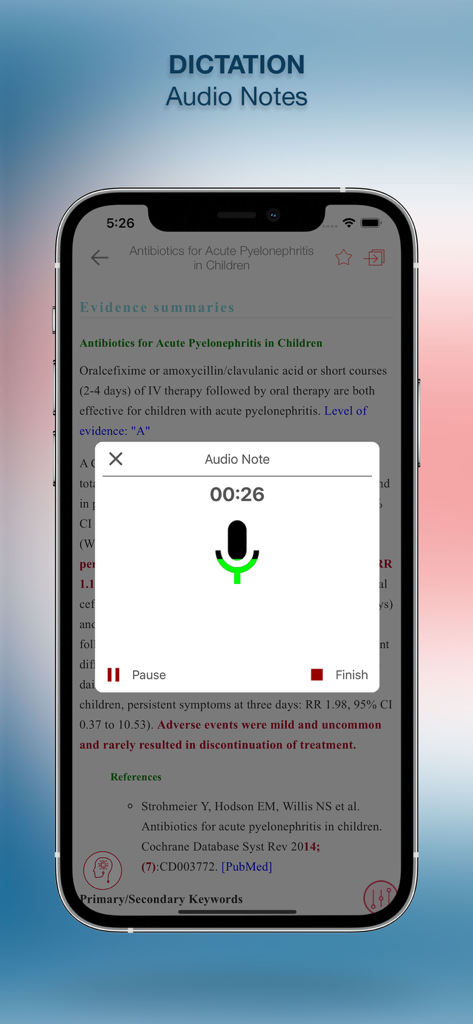 Evidence Based Medicine Guide - Audio note recording feature in the Evidence Based Medicine Guide mobile app