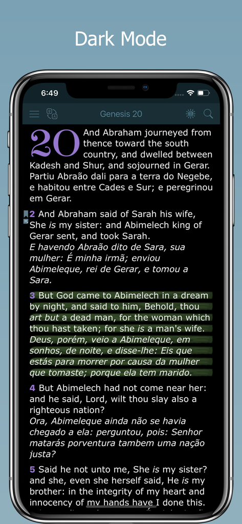 Bilingual Bible app interface in dark mode displaying Genesis chapter twenty with English and Portuguese text side by side