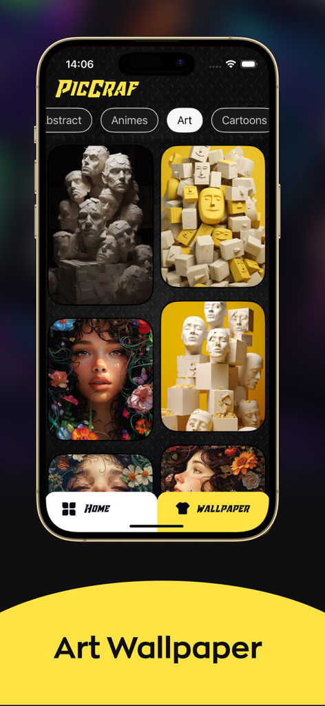 LiveArt- AI Wallpaper - PicCraft app interface showing a selection of artistic AI generated wallpapers in the Art category.