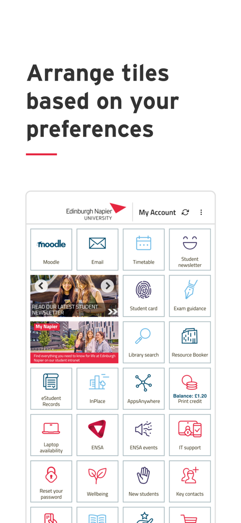 Mobile dashboard of the Edinburgh Napier University app featuring customizable tiles for student services like Moodle and email.