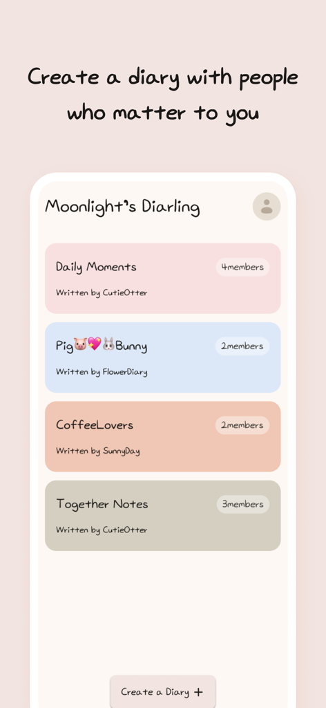 다른 그룹 멤버들과 함께 비공개 공유 일기 목록을 보여주는 Diaring 앱의 화면