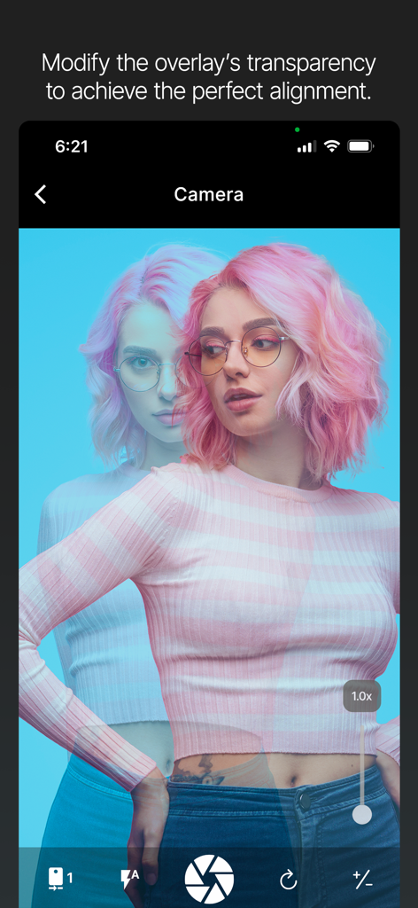 Camera Overlay for Business - Ein Smartphone-Bildschirm, der eine Kameraoberfläche mit einer transparenten Fotoüberlagerung zeigt, die zum Ausrichten eines neuen Fotos mit einem vorherigen verwendet wird.