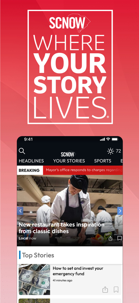 SCNow Florence Morning News - SCNow Florence Morning News app home screen featuring local headlines and the slogan Where Your Story Lives