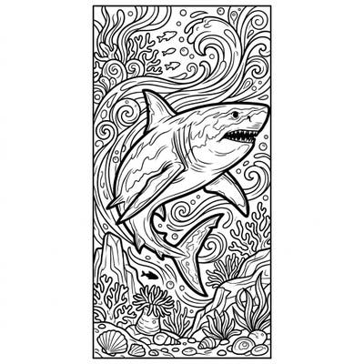 Explore the depths with this captivating great white shark bookmark coloring page. Featuring a powerful shark amidst swirling ocean elements, it's perfect for ocean enthusiasts to color and personalize their reads.
