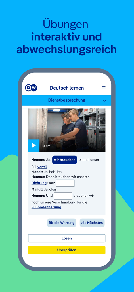 Una lección de vídeo interactiva en la aplicación DW Learn German mostrando un diálogo profesional en el lugar de trabajo y un ejercicio de rellenar espacios en blanco