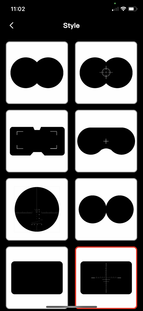 Digital Binoculars-Zoom Camera - A selection menu showing various realistic binocular frame and telescope viewfinder styles within the app.
