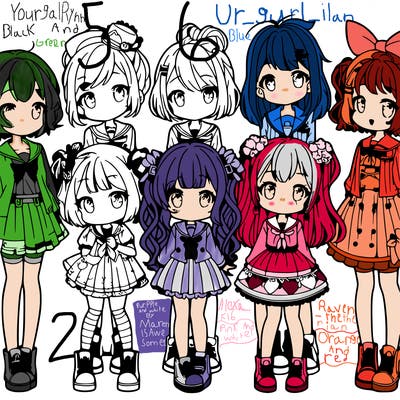 6 cute anime girls lined up