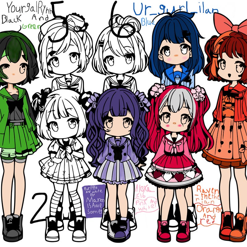 6 cute anime girls lined up