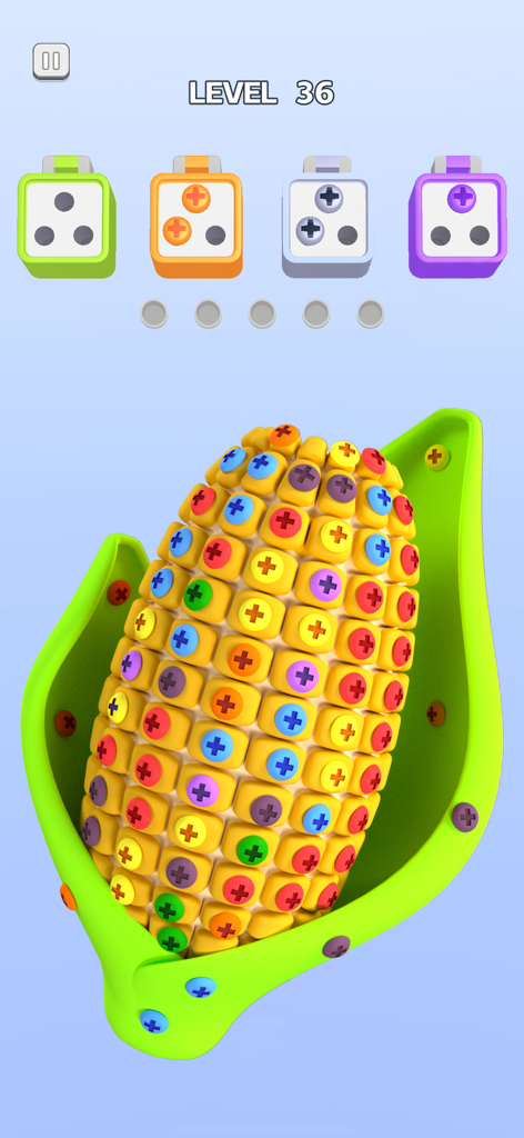 Screw Sort 3D: Pin Puzzle Game - Gameplay screenshot of Screw Sort 3D showing a corn cob covered in colorful screws for sorting