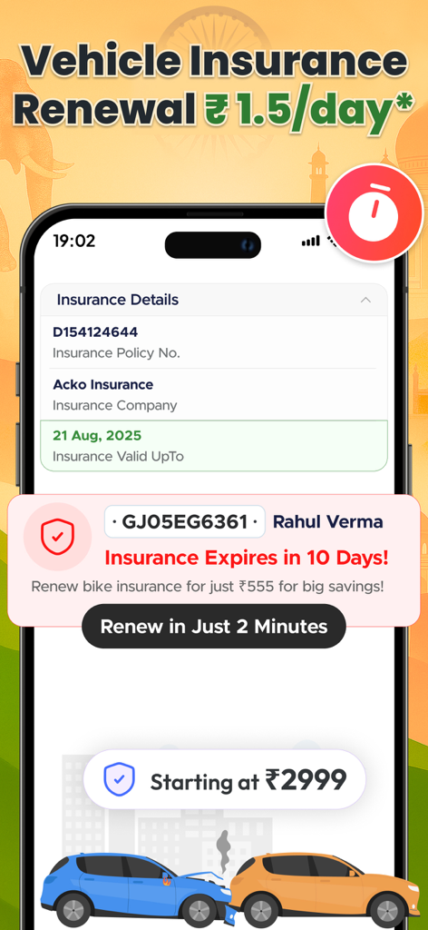 Mobile app screen showing vehicle insurance details and renewal expiry notification