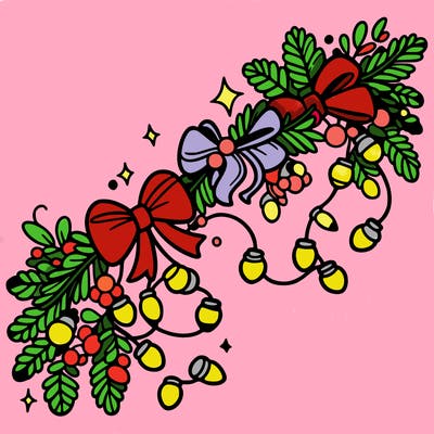 christmas garland: decorated with lights and ribbons..simple vector art