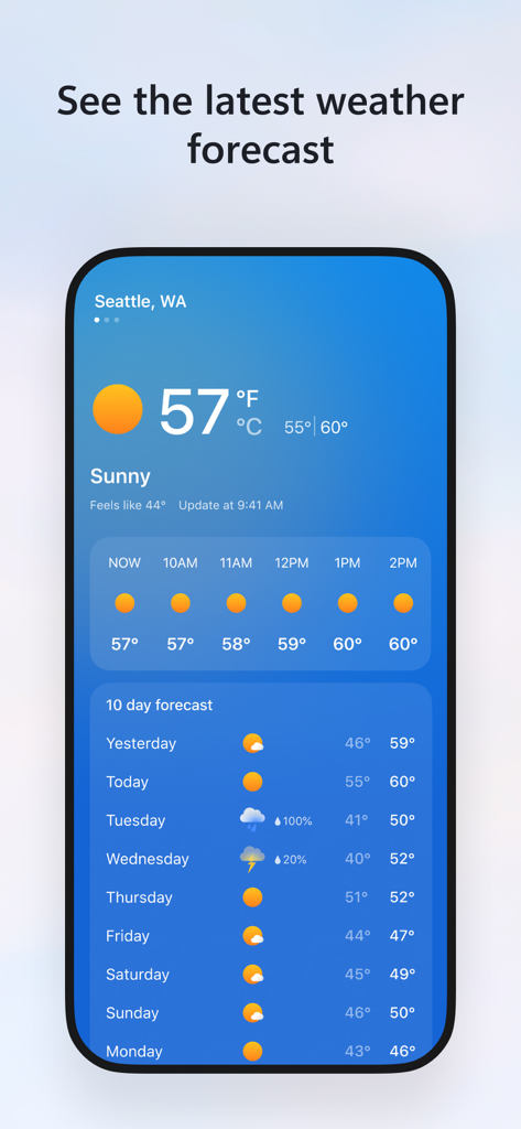 MSN - Interface of the MSN app showing the latest weather forecast including hourly and 10 day details