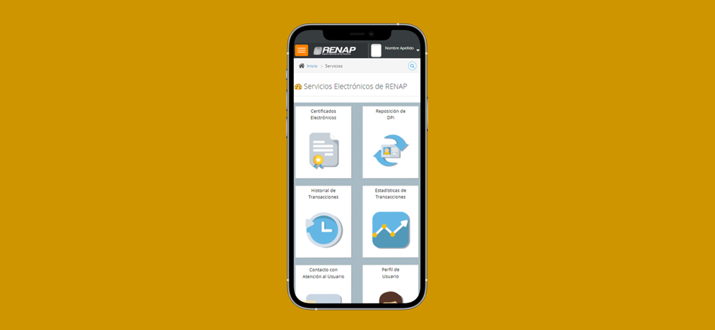 RENAP SE - Home screen of RENAP SE app showing digital identity services for Guatemalans including electronic certificates and DPI replacement