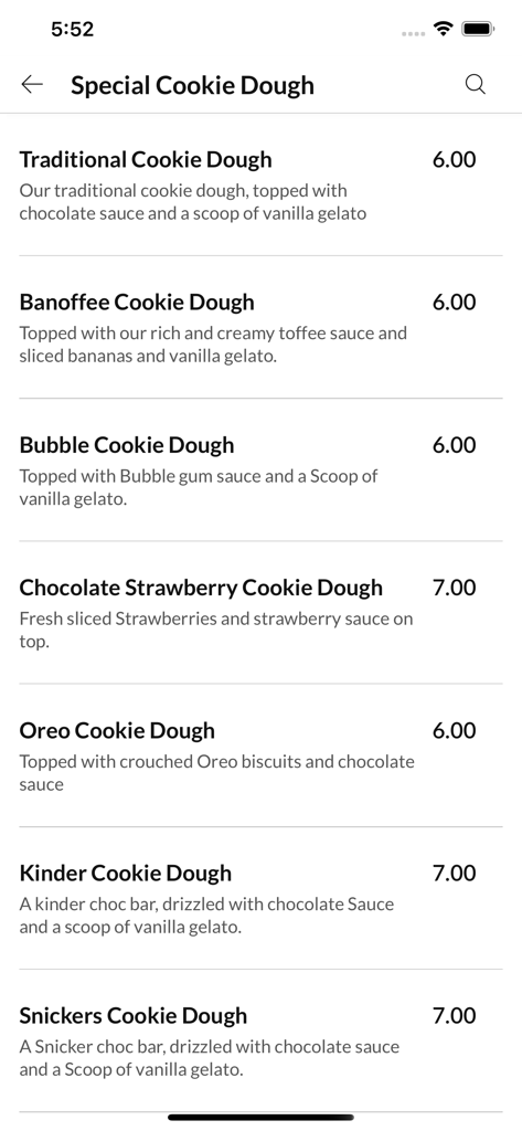 Mobile app menu screen showing various special cookie dough options with descriptions and prices
