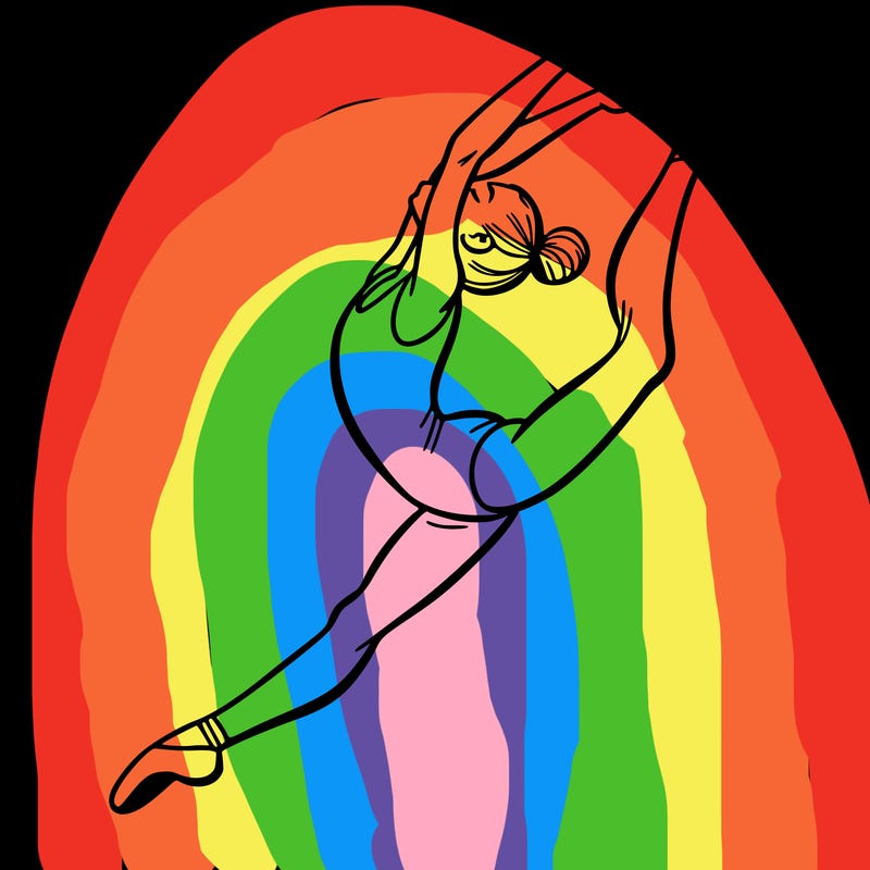 gymnast doing a leap in a leotard with a bent back leg