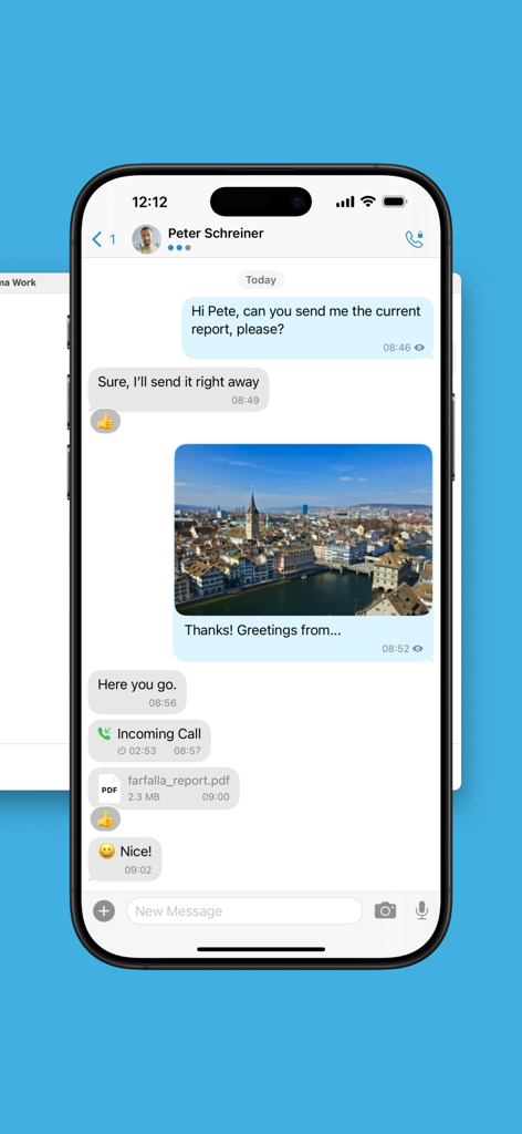 Threema Work chat interface on iPhone showing secure messaging and file sharing