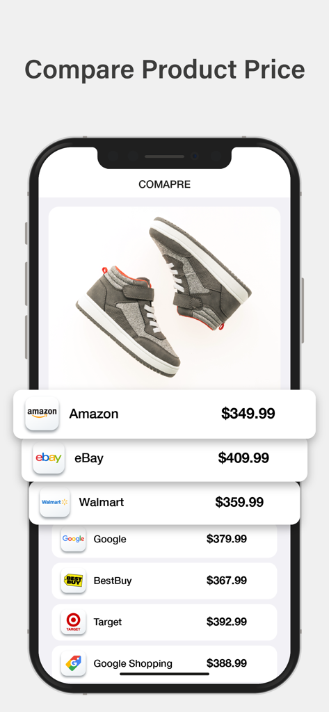 Barcode Scanner & Shopping - Mobile App-Oberfläche, die den Preisvergleich von Schuhen bei mehreren Händlern wie Amazon und Walmart zeigt