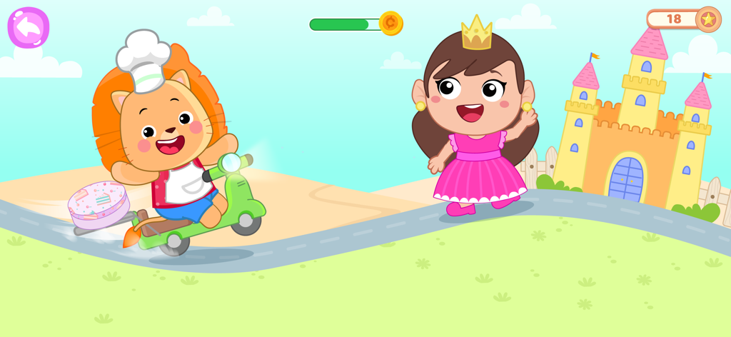 Cake Maker Kids Cooking Games - Un chef león de dibujos animados entregando un pastel en un scooter a una princesa en un castillo