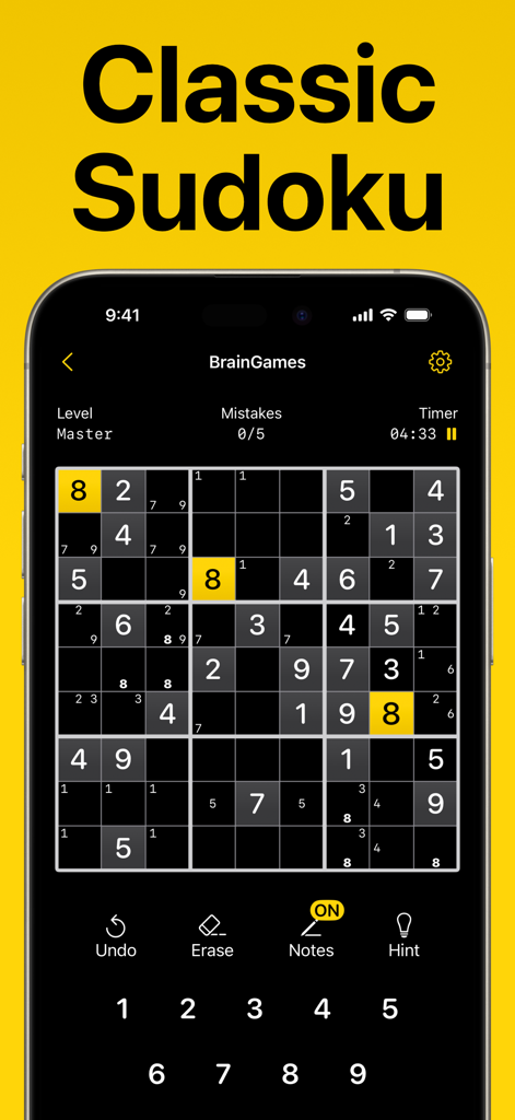 Sudoku Logic Puzzle BrainGames - Classic Sudoku game on a smartphone featuring a dark mode interface at master difficulty level