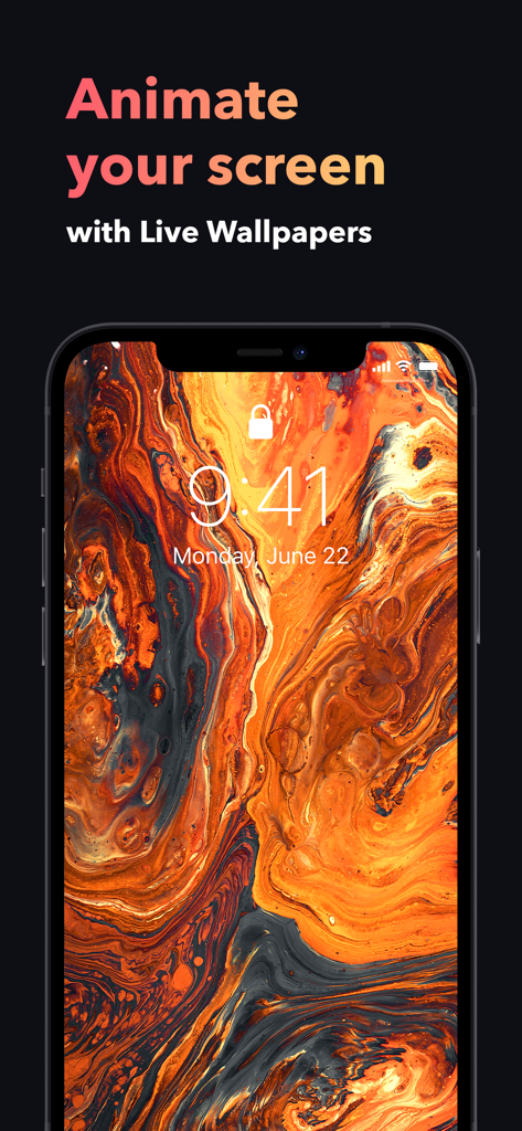 Ein iPhone, das einen lebendigen orangefarbenen abstrakten Flüssigkeits-Live-Hintergrund aus der App anzeigt.
