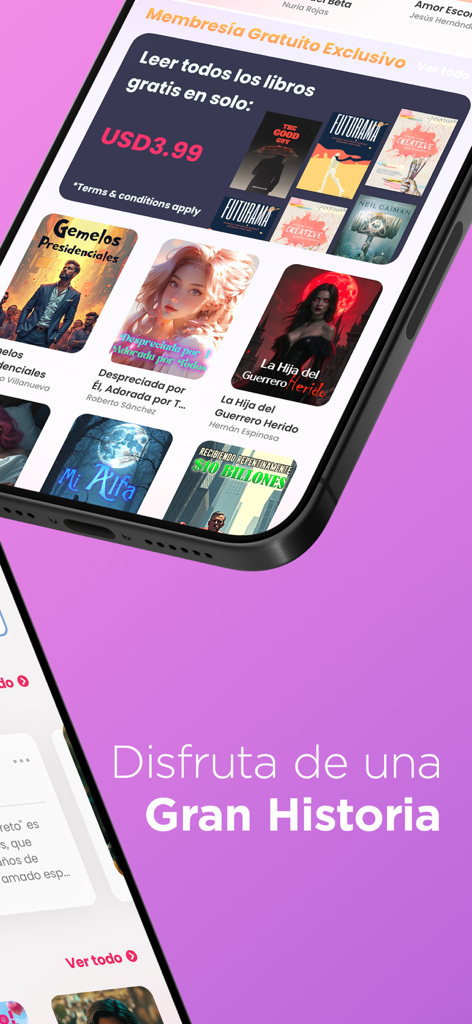 Novemia - Novels & Romance - Interfaccia dell'app Novemia che mostra copertine di romanzi d'amore e un banner promozionale