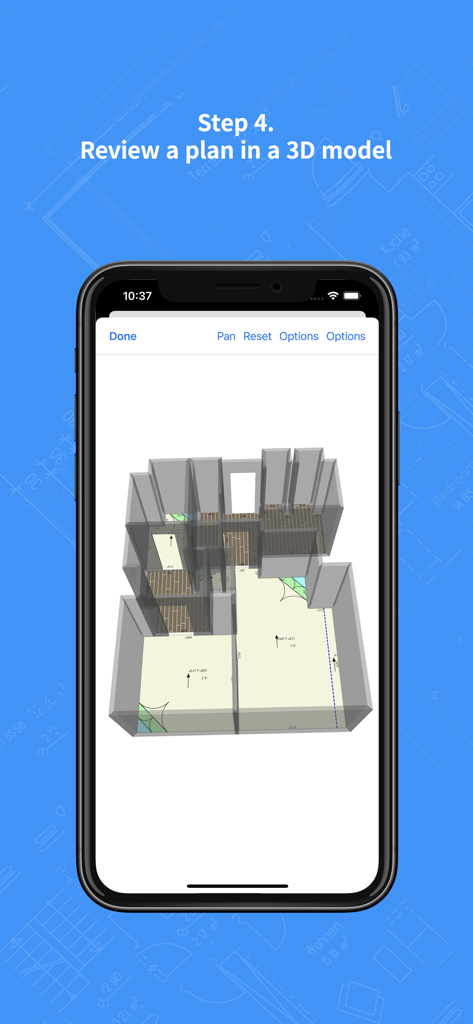 MeasureSquare Mobile - A 3D floor plan model displayed on a smartphone screen using the MeasureSquare Mobile app