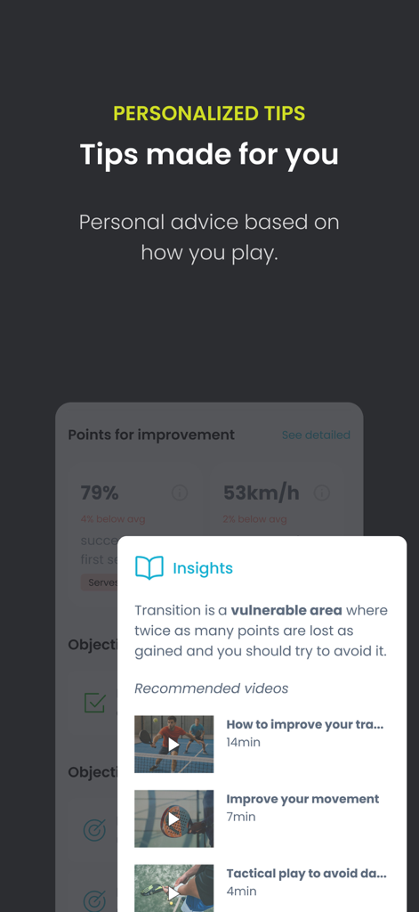 AI-driven personalized coaching tips and training videos in the aiball padel app