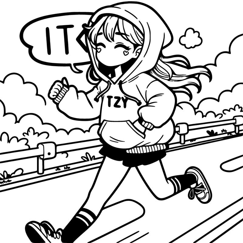 a girl running on a road with a hoodie and shorts and a text in the sky that says itzy