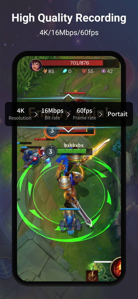V Recorder app screenshot showing high-quality 4K 60fps screen recording settings over a mobile game
