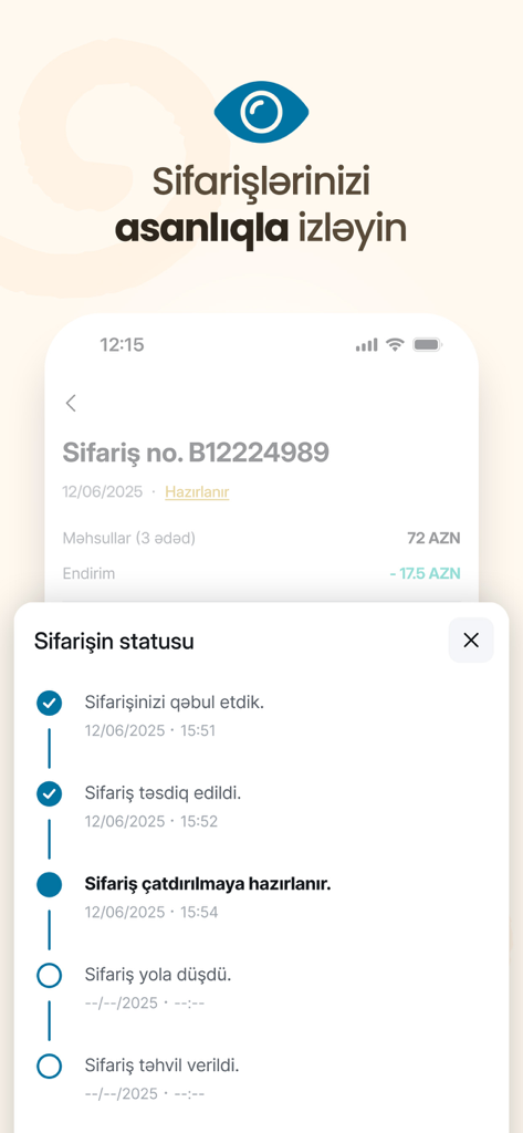 Biopet Shop - Online Zoomağaza - Interface de l'application mobile Biopet Shop montrant une chronologie de suivi des commandes de fournitures pour animaux en temps réel.