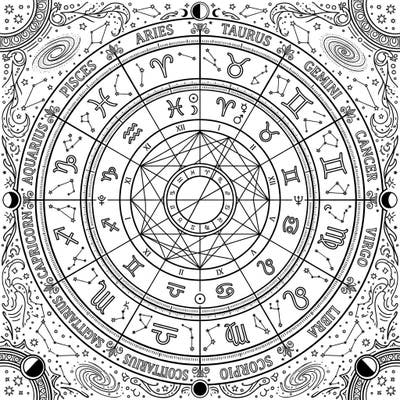 Dive into the mesmerizing world of astrology with this incredibly detailed coloring page. Featuring a complete astrological chart, it's perfect for anyone fascinated by the stars and the intricate dance of celestial bodies.