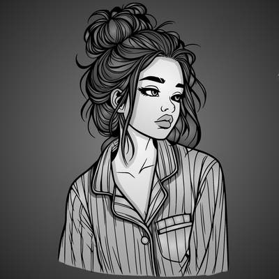 realistic woman with pajamas on and a messy bun