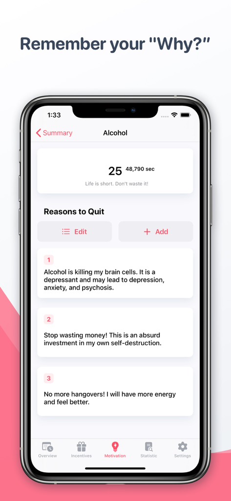 Quitzilla: Quit Tracker - Quitzilla app screen showing personalized reasons to quit alcohol and a sobriety clock under the motivation tab.