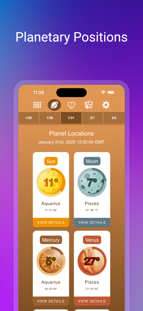 Pantalla de aplicación móvil que muestra las posiciones de los planetas en diferentes signos del zodíaco.
