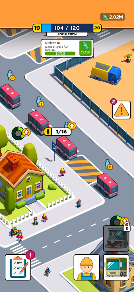 City Transportation Tycoon - Isometric gameplay view of City Transportation Tycoon showing red buses and city construction