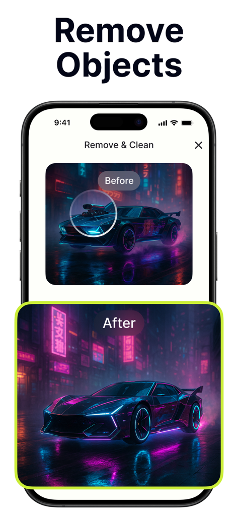 AI Car Designer Modify & Tune - Comparación antes y después de un coche ciberpunk usando la herramienta IA de eliminación y limpieza de objetos.