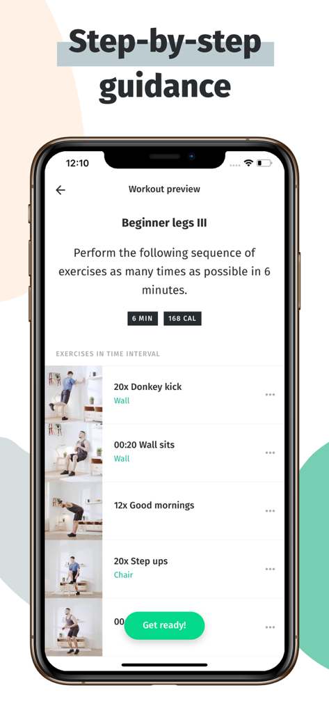8fit Workouts & Meal Planner - 8fit App-Screenshot, der eine Vorschau auf ein Anfänger-Beintraining mit Schritt-für-Schritt-Übungsanleitungen und Miniaturansichten zeigt.