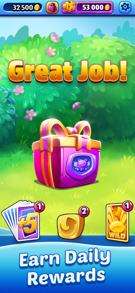 Solitaire Showtime - A purple gift box and card boosters on a reward screen in Solitaire Showtime