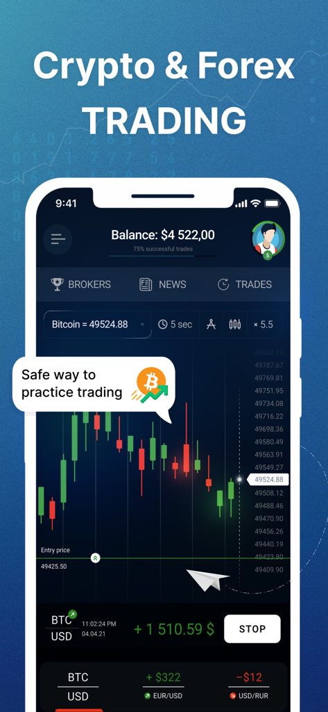 リアルタイムの仮想通貨とFX取引シミュレーターのチャートを表示する、初心者向けFXゲームのアプリインターフェース。