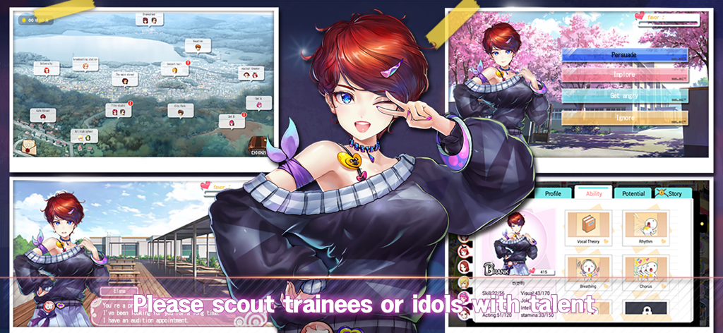 Love Idol Company : Kpop Girls - Collage promotionnel montrant le recrutement de filles K-pop et les fonctionnalités de gestion des stagiaires