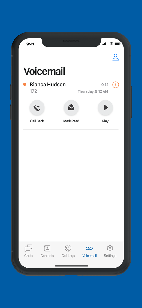 Sangoma Chat - Sangoma Chat app showing a voicemail from Bianca Hudson with options to call back mark read or play
