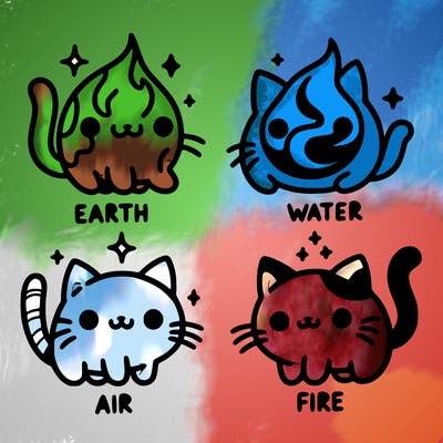 4 cats that represent the different elements, earth, water, air, and fire