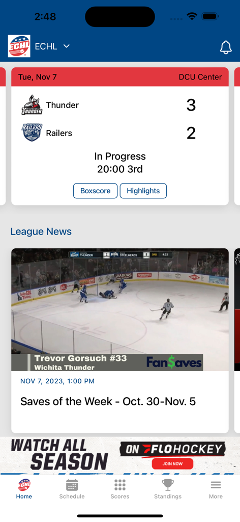 The home screen of the ECHL mobile app showing live game scores and league news