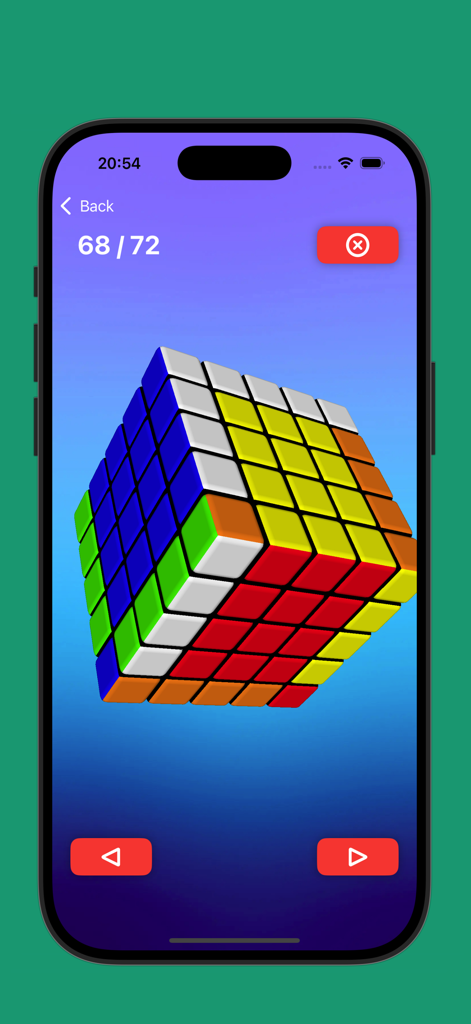Magic Cube Solver 5x 3x 4x 2x - Interface of a magic cube solver app showing a 3D 5x5 cube with step by step solution instructions