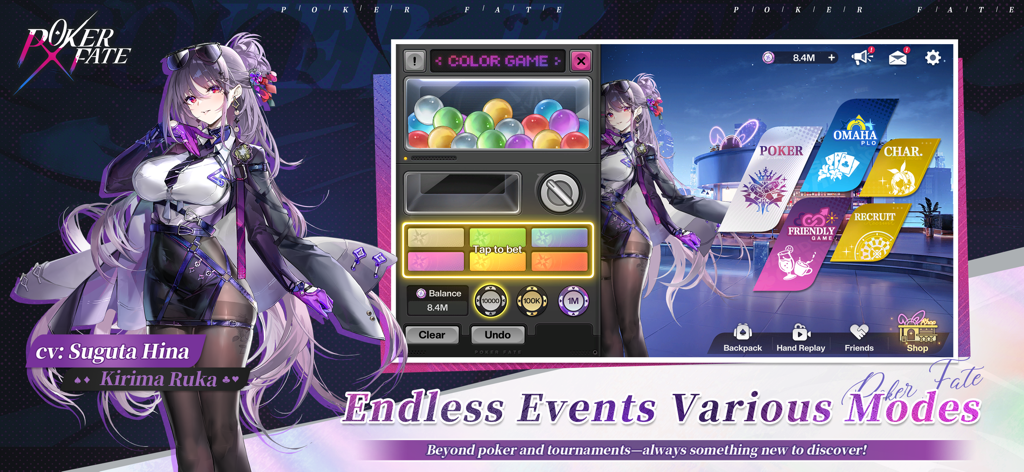 Poker Fate app interface showing various game modes and anime character Kirima Ruka