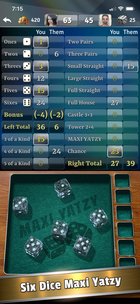 Scoreboard and 3D dice in the Maxi Yatzy mode of the Yatzy Dice Master app