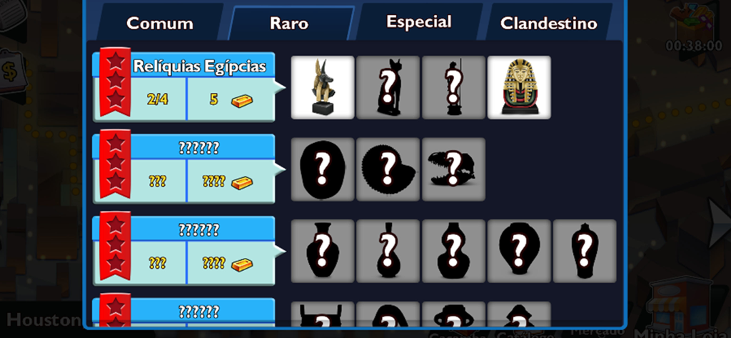 Pantalla de colección de artículos raros que muestra reliquias egipcias y siluetas de artículos bloqueados en Bid Wars