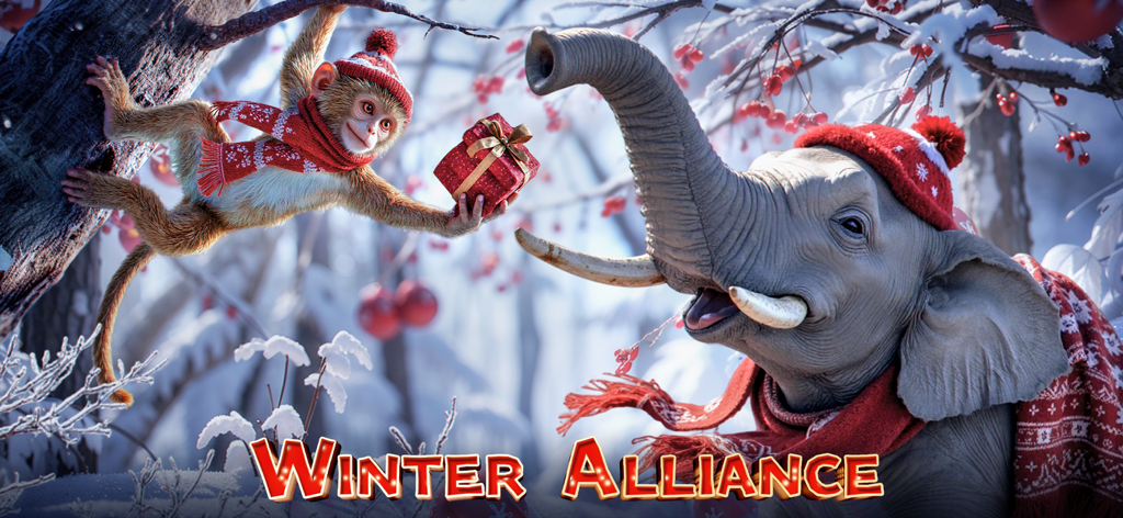 Un mono con gorro y bufanda de invierno entregando un regalo a un elefante en un bosque nevado con el texto "Winter Alliance"